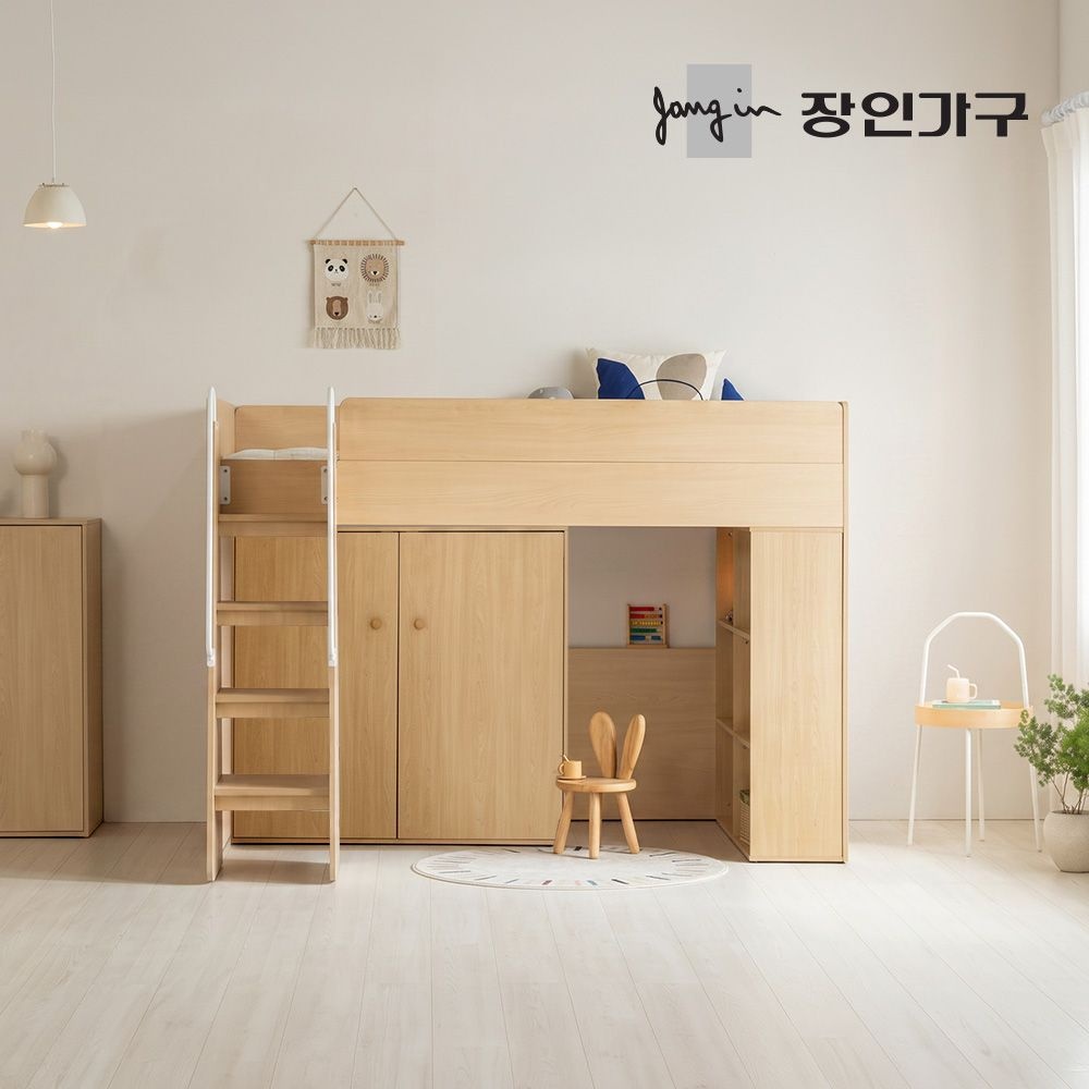 장인가구 도담 어린이 높은 2층 벙커침대 책장+옷장형 침대프레임 SS (전면계단)+낮은포켓