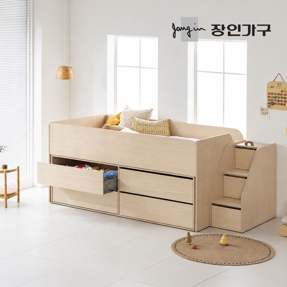 장인가구 도담 어린이 낮은 2층 빅수납 벙커침대 서랍장 침대프레임 SS (수납계단)+낮은포켓