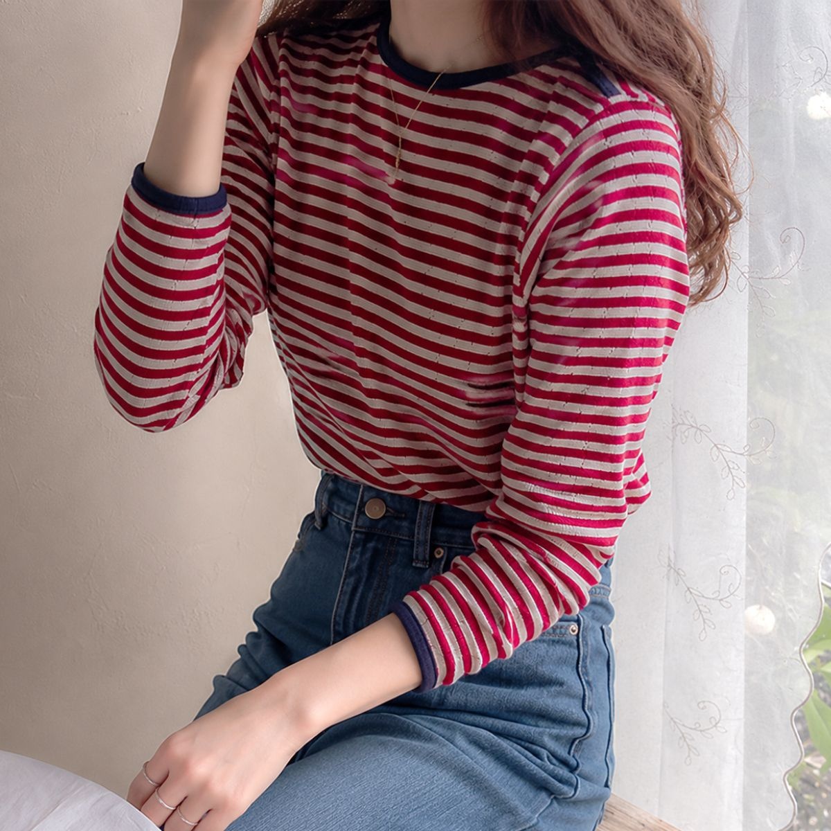 [재오픈][LABEL] 로이스비 펀칭단가라 편안한신축 코디좋은 티