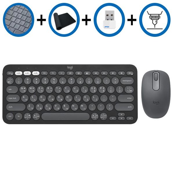 키스킨+장패드+동글+각인서비스 로지텍 K380S+M196 블랙 한글 블루투스 키보드 무소음 마우스세트
