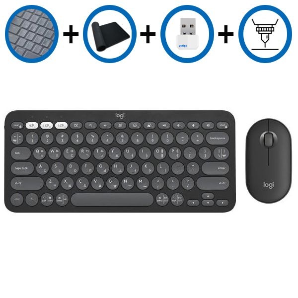 키스킨+장패드+동글+각인서비스 로지텍 K380S+M350S 블랙 한글 블루투스 키보드 무소음 마우스세트