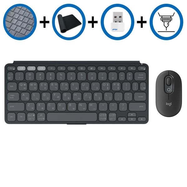 키스킨+장패드+동글+각인서비스 로지텍 KEYS TO GO2 키즈투고2+POP 블랙 블루투스 미니키보드마우스 세트