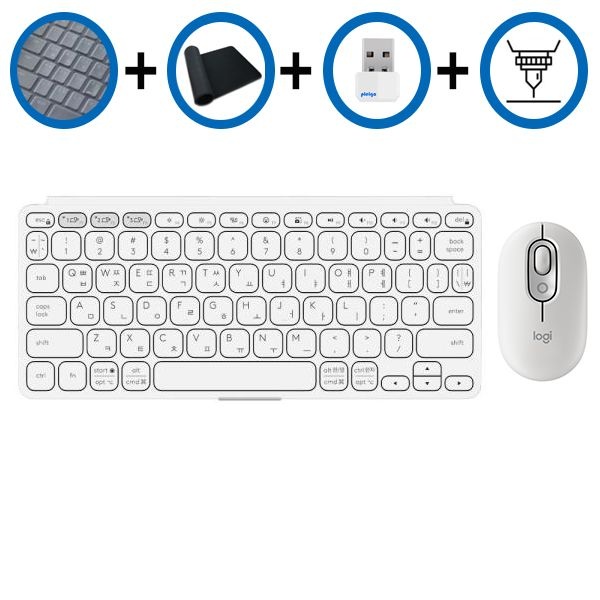 키스킨+장패드+동글+각인서비스 로지텍 KEYS TO GO2 키즈투고2+POP 화이트 블루투스 미니키보드마우스 세트