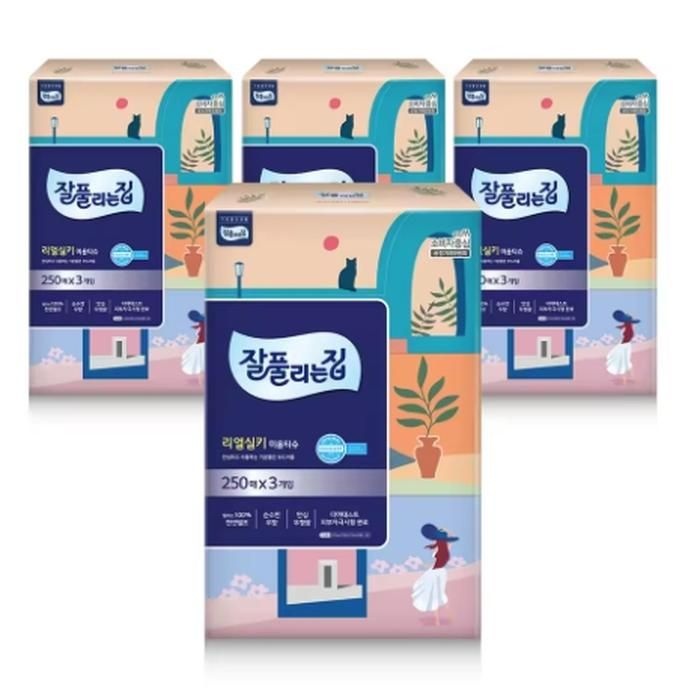 잘풀리는집 리얼실키 미용티슈 250매 3입 4개
