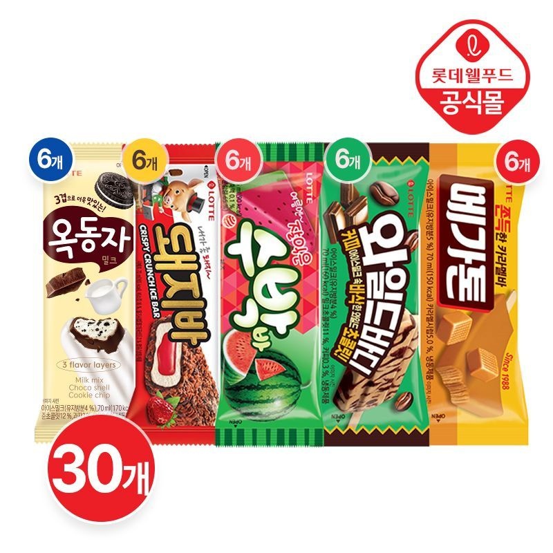 롯데웰푸드 [롯데] 판매왕 아이스크림 5종 30개 (돼지바,옥동자,메가톤 외)