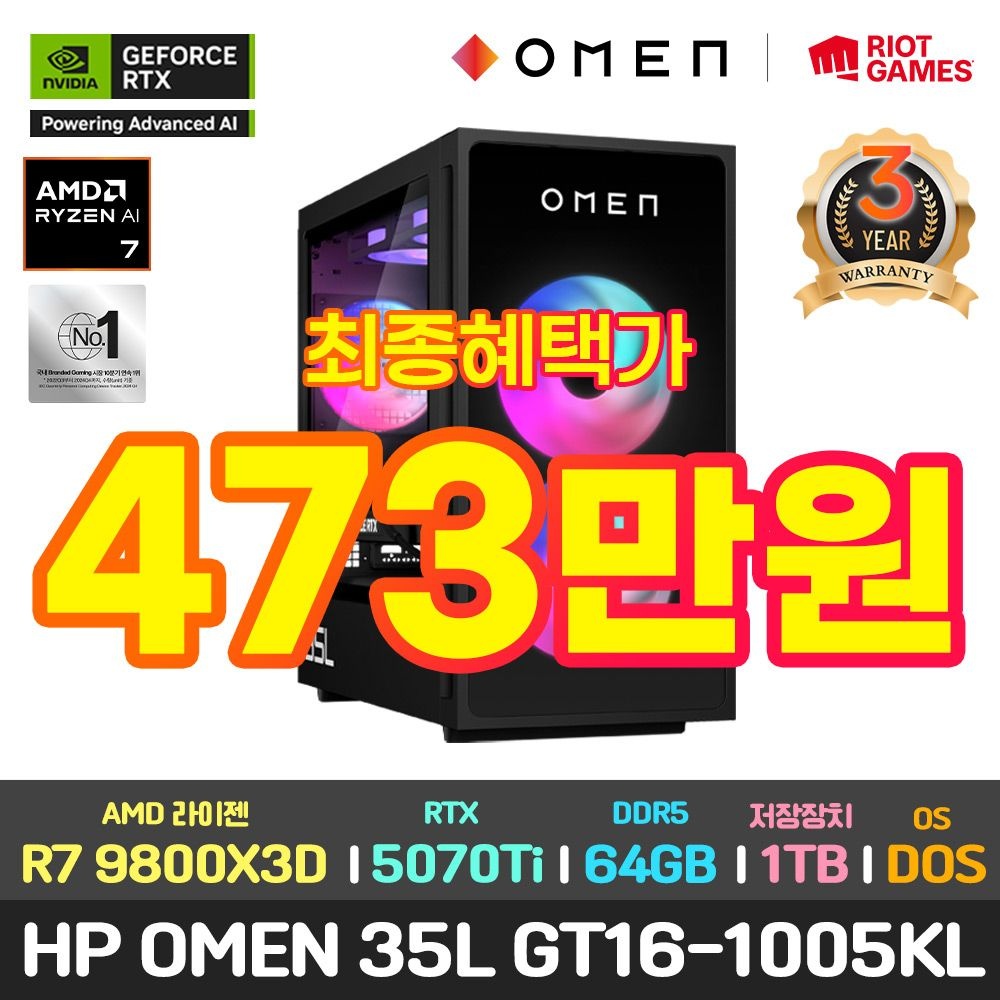 HP 최종473만/HP OMEN 35L GT16-1005KL R7 9800X3D/RTX5070Ti /64GB/1TB/DOS/3년워런티 게이밍 게임용 PC 영상편집용 컴퓨터