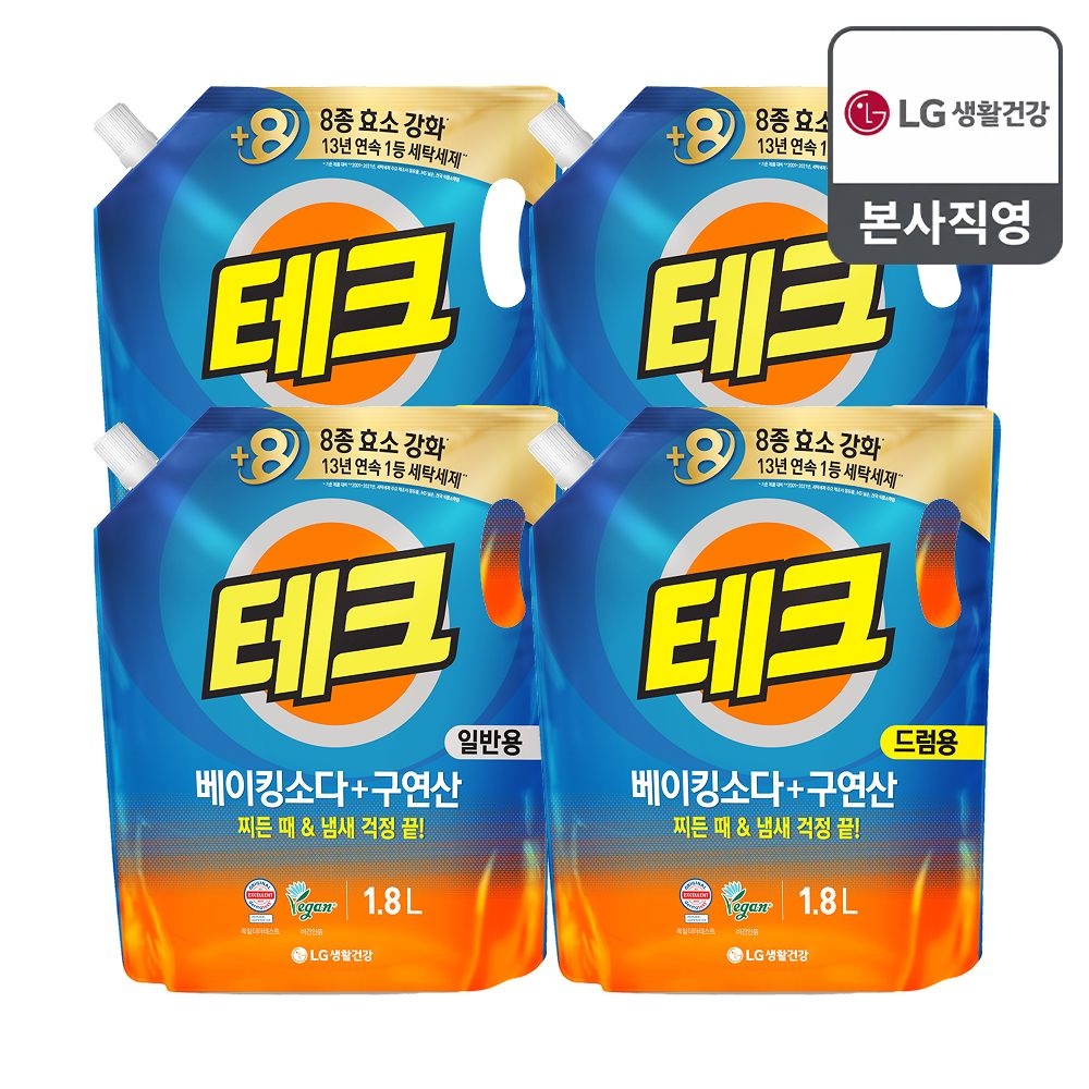테크 베이킹+구연산 실내건조 세탁세제 리필 1.8L x 4개 (일반/드럼용 택1) (베이킹구연산 일반)