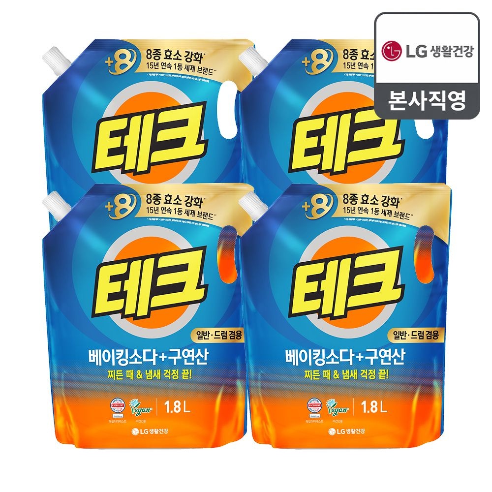 테크 [포토리뷰1,000P]테크 베이킹소다+구연산 액체세제 일반 드럼 겸용 리필 1.8L x 4개