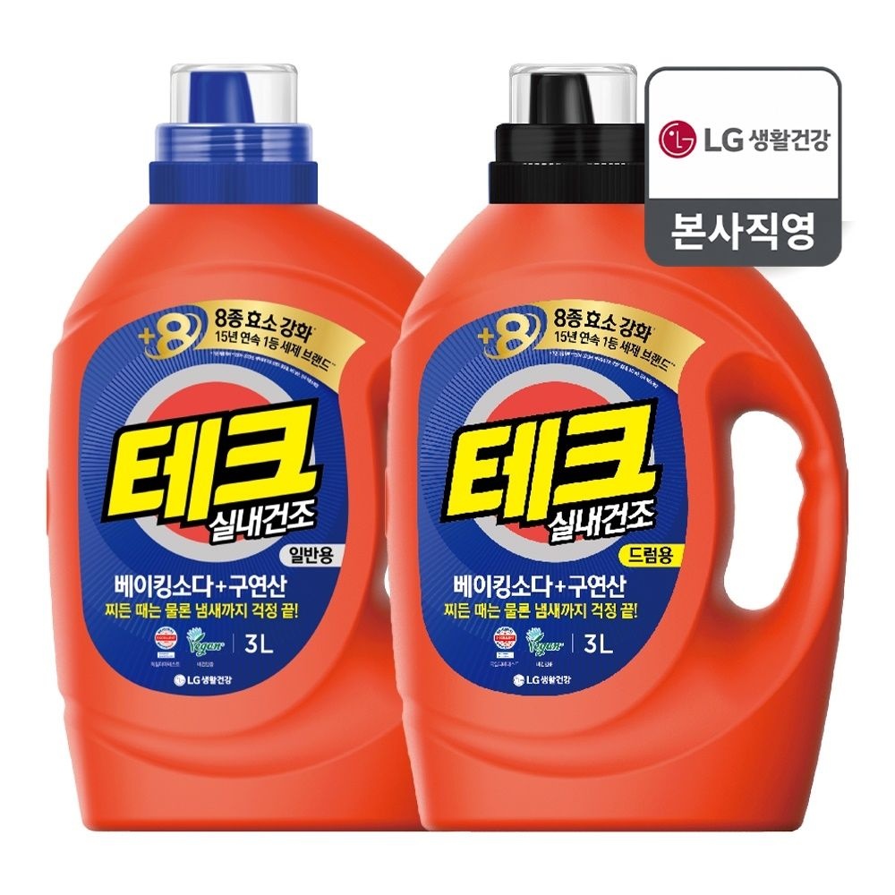 테크 베이킹소다+구연 산 일반/드럼용 실내건조 세탁세제 용기 3Lx2개 (일반)