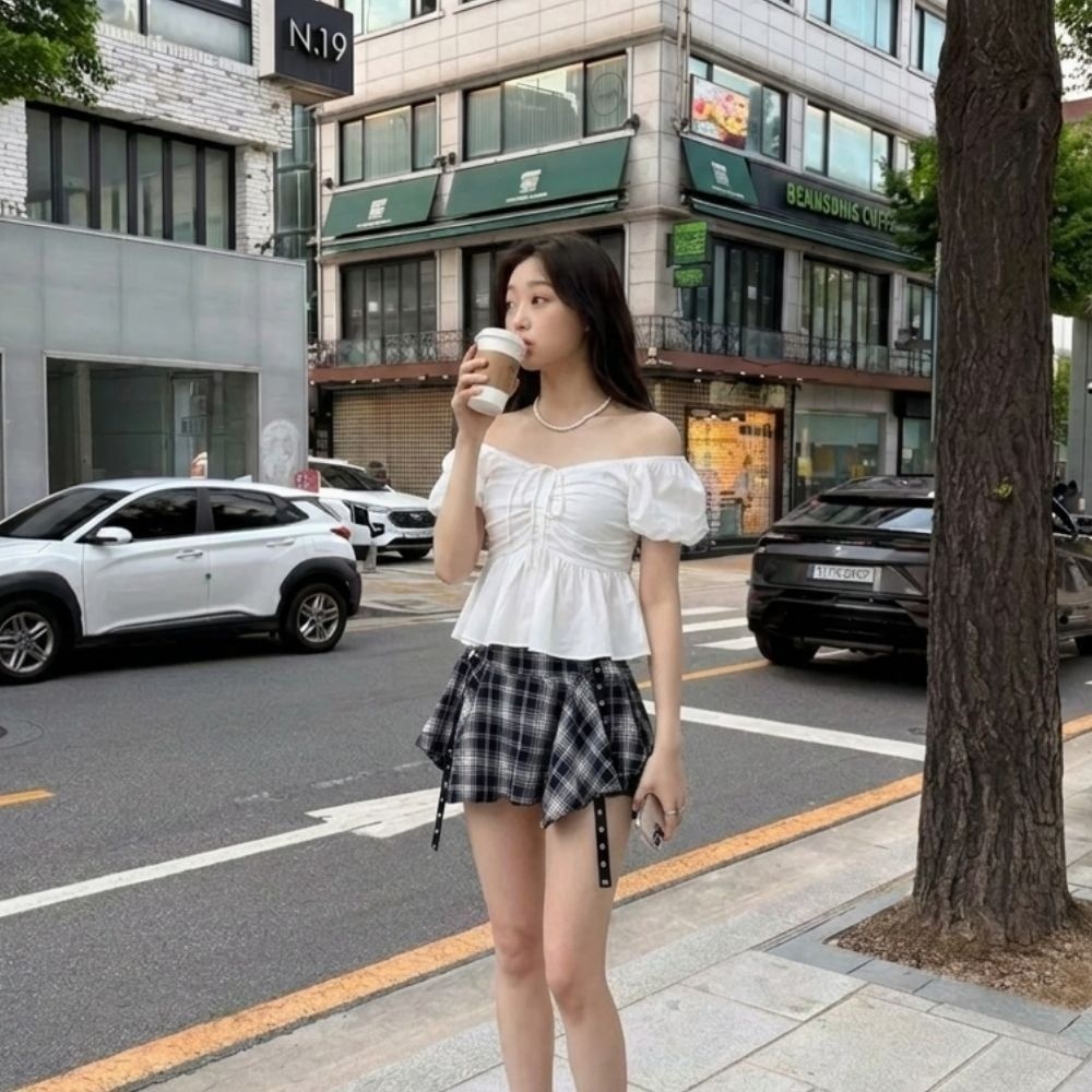 리본 블라우스 파스 연출 여성 스커트 데님 전구 장식 생산 볼링 여리핏 오프숄더 노지 기기