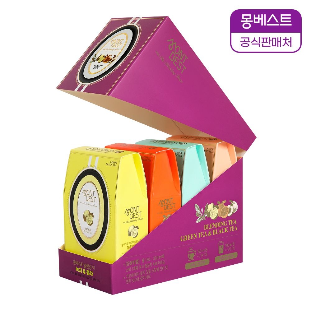 몽베스트 블랜딩 티 홍차&녹차 4종 40스틱 (레몬블랙티,자몽그린티,얼그레이블랙티,복숭아그린티)