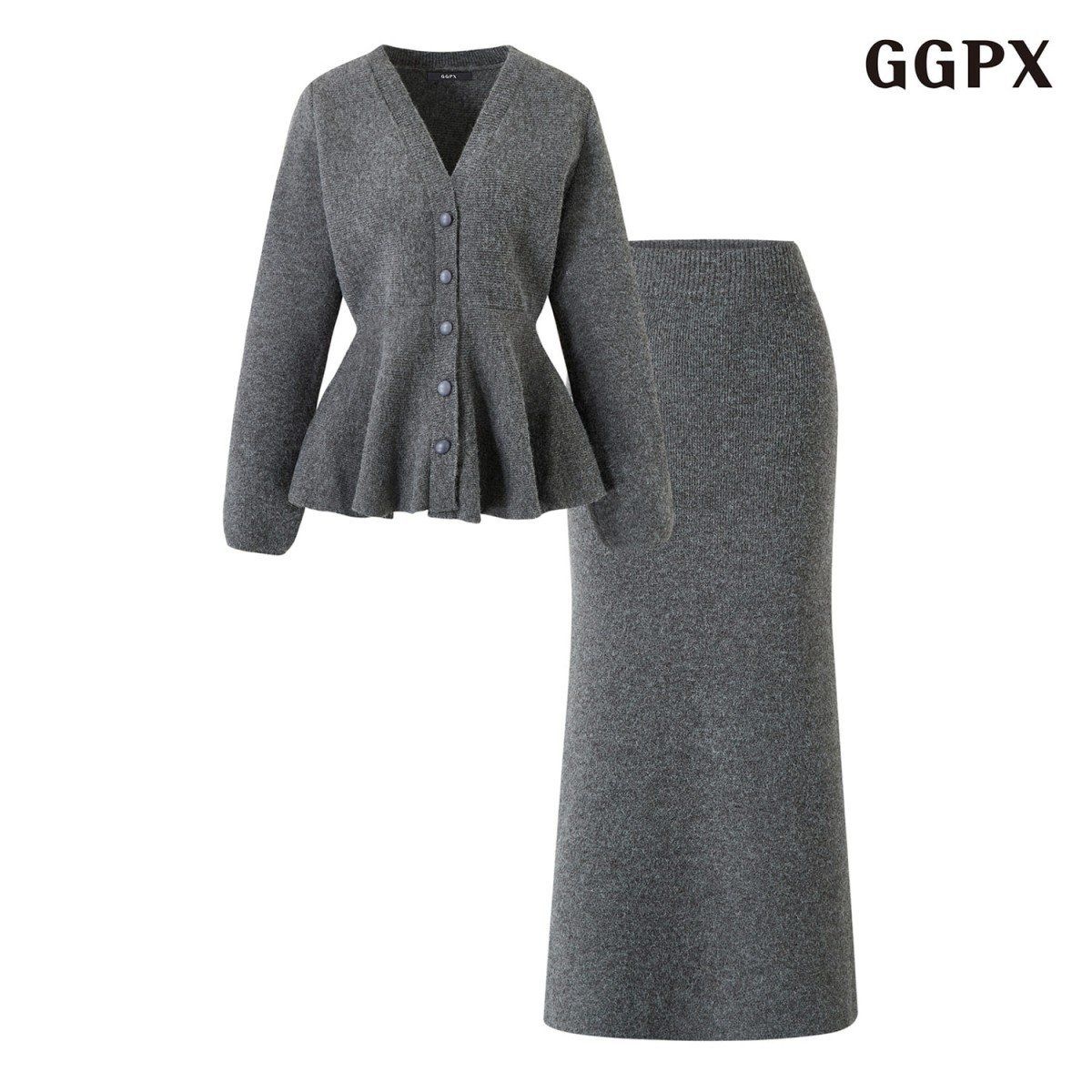 GGPX 여성 페플럼 브이넥 가디건 롱 스커트 니트 셋업 GPDOW008D