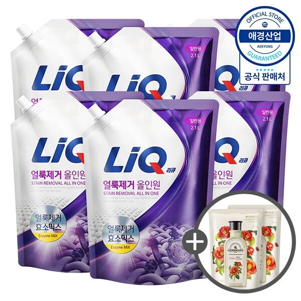 [애경] 리큐 얼룩제거 올인원 세탁세제 리필 2.1L x6개 (+ 섬유유연제 200ml x2개 증정) (일반용)