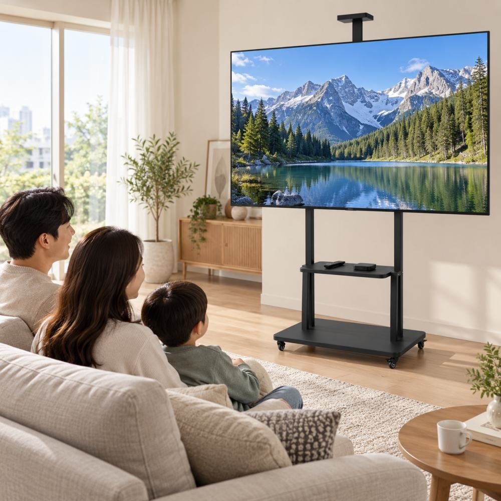 (주)지아이엘 이동식 TV거치대 80인치 TV스탠드 트레이 브레이크바퀴 150cm