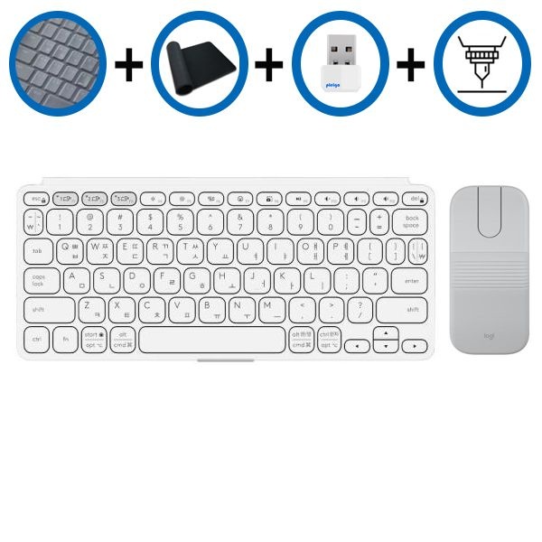 키스킨+장패드+동글+각인 로지텍 KEYS TO GO2 키즈투고2+Mobi Fold 화이트 블루투스 미니키보드마우스 세트