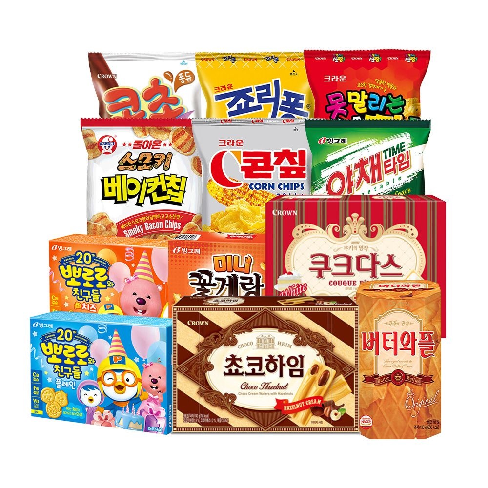 [맛도리모음] 빙그레 베이컨칩 3개+크라운 신짱 3개+크라운 콘칲 4개 모음