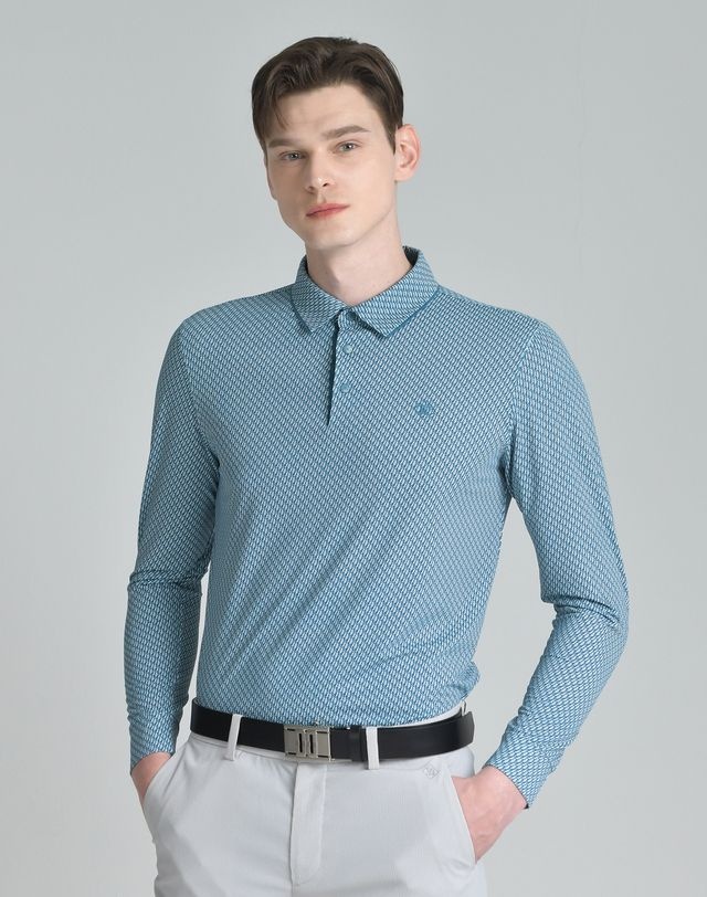 닥스 골프 [25SS] [PREMIUM] 블루 냉감 잔패턴 긴팔 카라 티셔츠 DGTS5B310T2