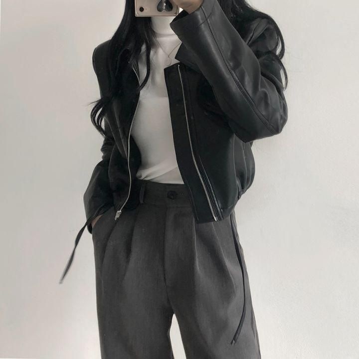 모찌봉 캐쥬얼 크롭 레더 셔링 가죽 자켓 점퍼 2col