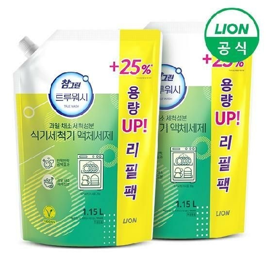 참그린 트루워시 식기세척기 세제 1.15L 리필형 2개 린스 성분 구연산소다 ...