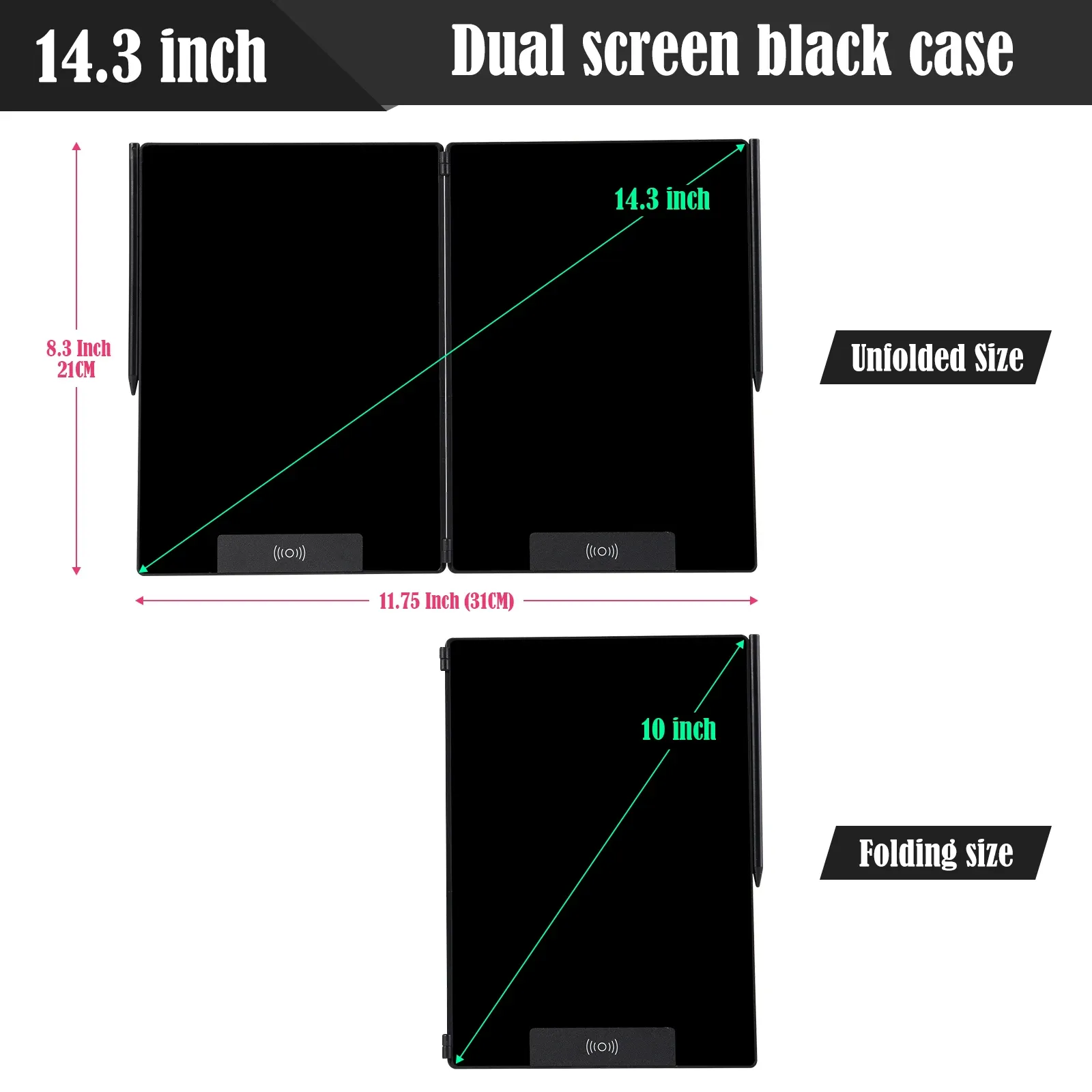 14.3인치 접이식 LCD 필기 태블릿 (분할 화면, 지울 수 있는 전자 드로잉 보드 및 노트북 포함)
