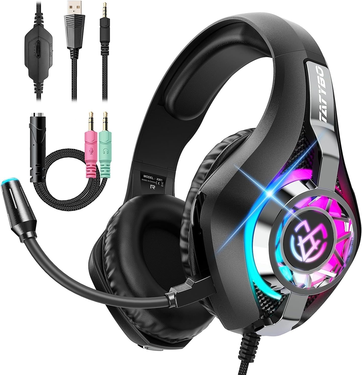 [해외] PS5용 Tatybo Gaming 헤드셋 PC용, 노이즈 캔슬링 마이크, RGB, 블랙 블루 | FPS, 배틀로얄용 오버이어 딥 베이스 스테레오