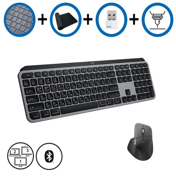 키스킨+장패드+동글+각인 로지텍 MX Keys S for MAC + MX MASTER 4 for MAC 블루투스 키보드 마우스 블랙