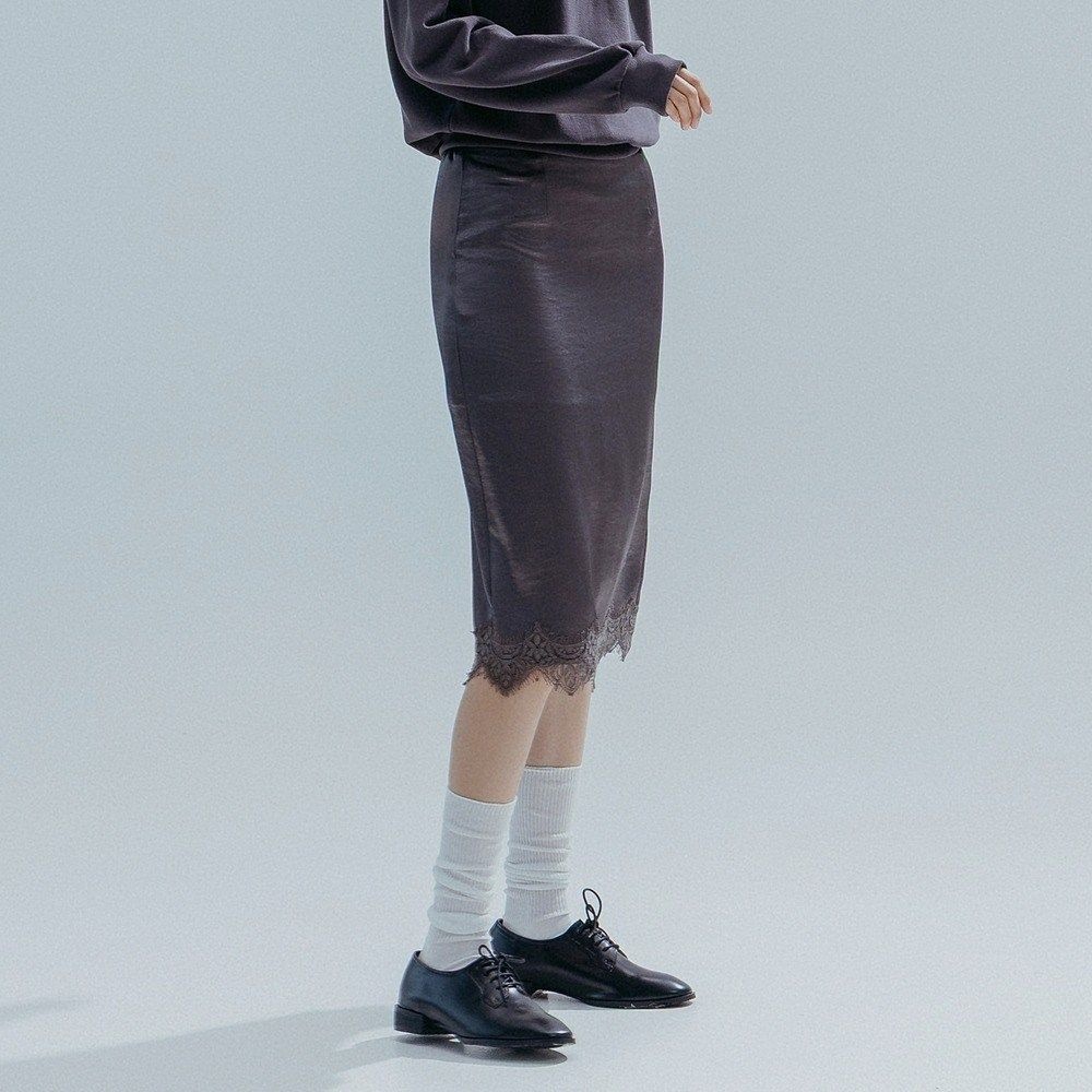 Satin Lace Midi Skirt_CHARCOAL