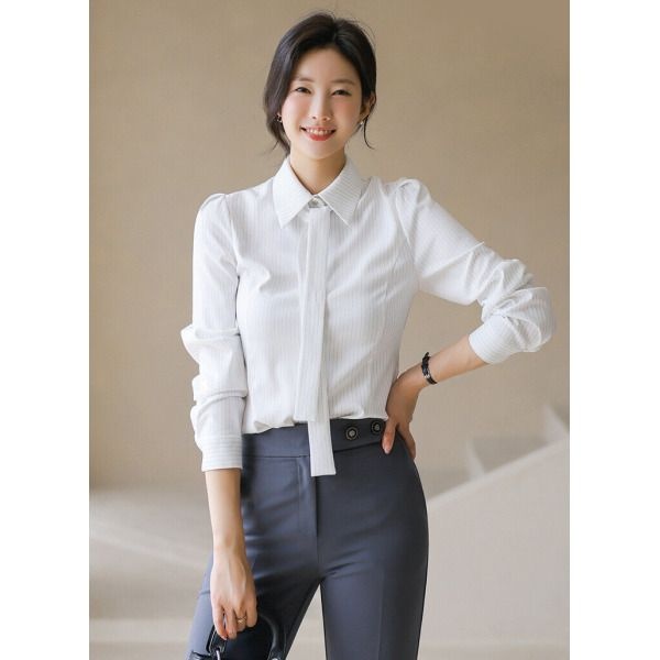 [스타일온미 ] [스타일온미][루이스엔젤] 인텔리 슬림 실루엣 리본 타이 SET 씬 스트라이프 카라 블라우스