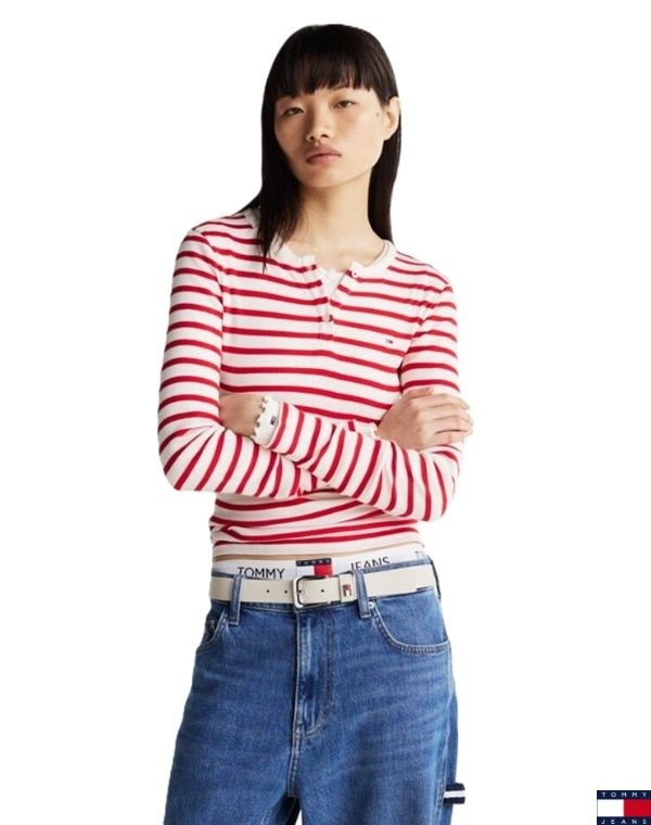 [롯데백화점] 타미진스 여성 버튼 립 헨리넥 티셔츠 T32G0TTO10TWT1