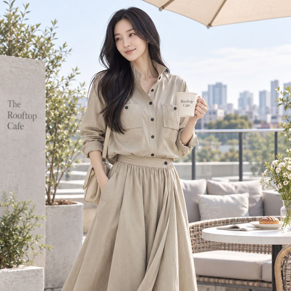 스타일리쉬한 셔켓 블라우스와 랩치마 투피스 세트 간절기 셋업