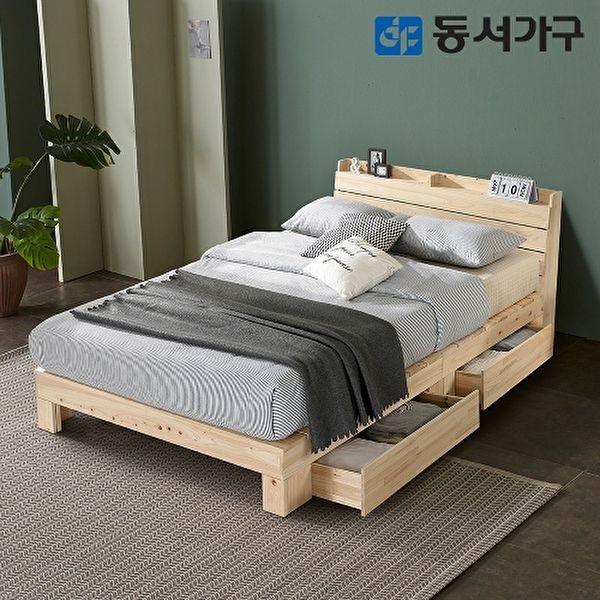 [동서가구]힐링 피톤치드 편백나무 ALL 프레임 수납헤드 슈퍼싱글 SS 서랍형 침대+본넬 매트리스 DF642847