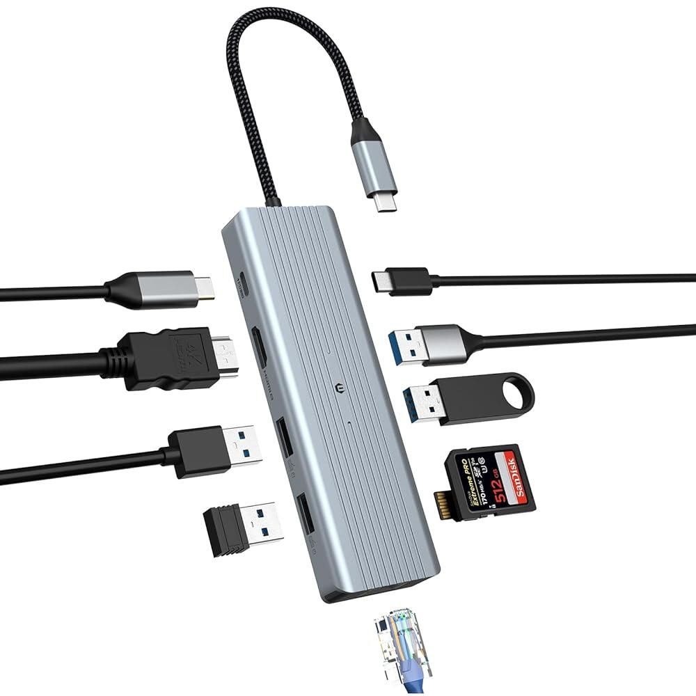 Tymyp [해외] Tymyp USB C 도킹 스테이션 맥 프로/에어 4K HDMI LAN RJ45 3.0 100W PD A 2개 2.0 SD/TF 윈도우 서피스 프로 7용 10 in 1 허브 [호환
