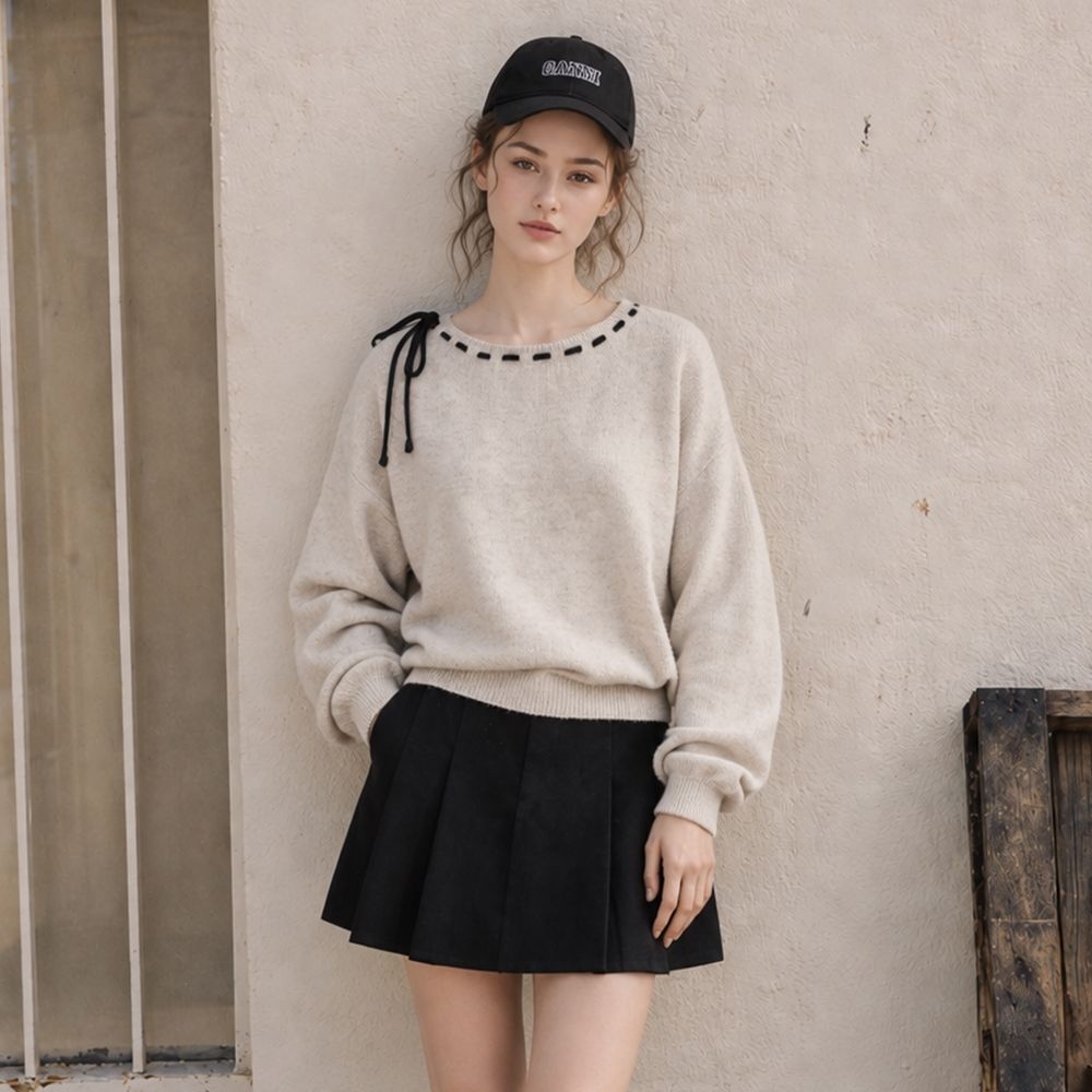 울 블렌드 핸드 스티치 리본 니트_N6CKN014C