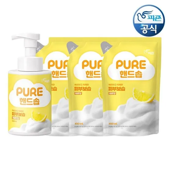 피죤 퓨어 핸드솝 500ml 용기 x 1개+450ml 리필 x 3개