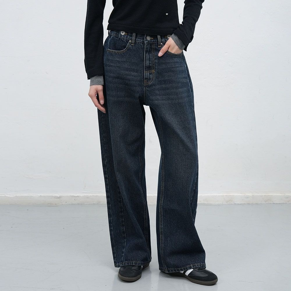 WOMAN 스냅 디테일 와이드 데님 팬츠 [NAVY] / WBE3L11508