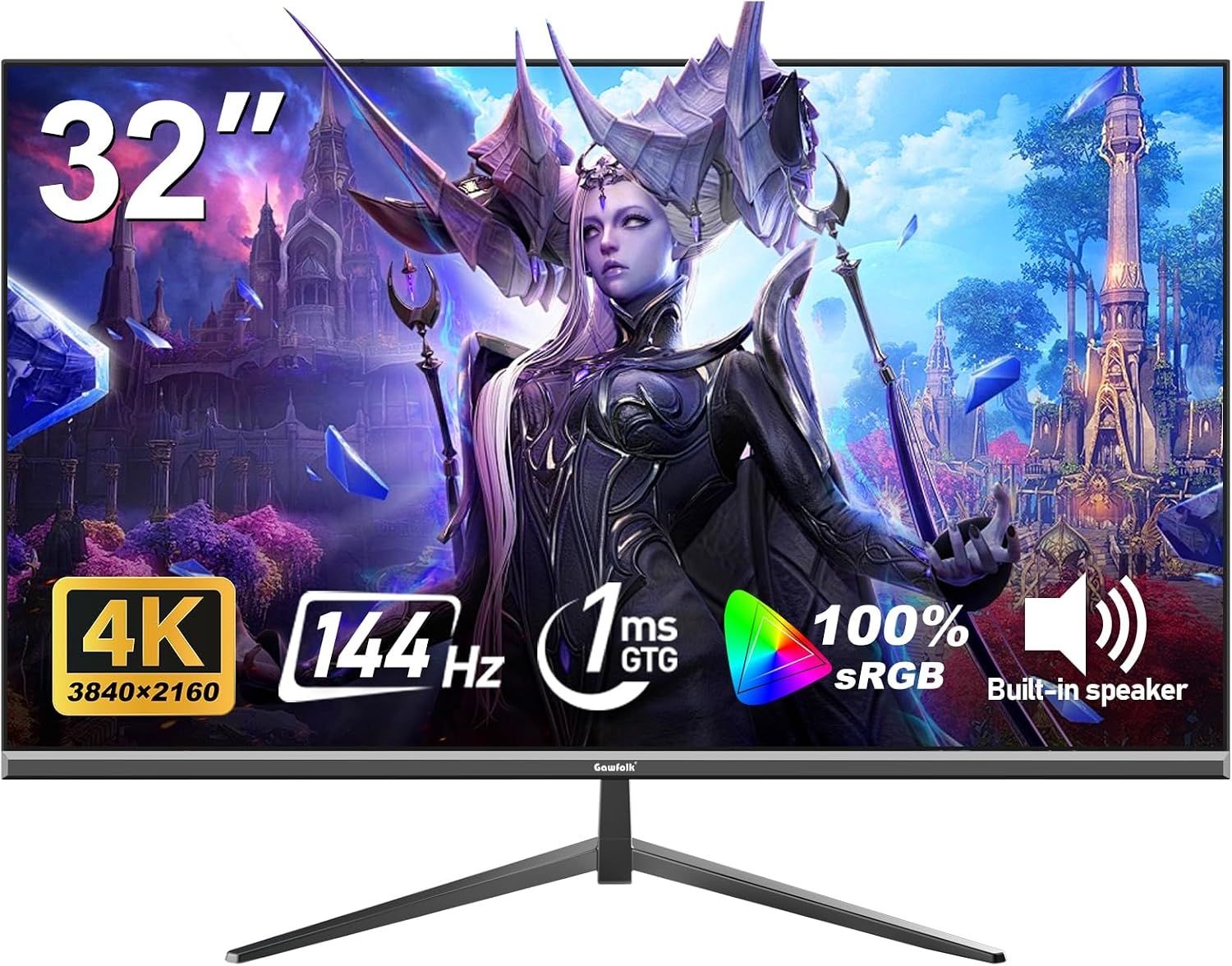 Gawfolk 32인치 4K 울트라 HD 컴퓨터 모니터, 144Hz 게이밍 화면, 1ms, 어댑티브 싱크, 100% sRGB, 178° 넓은 시야각, HDMI 2.1,