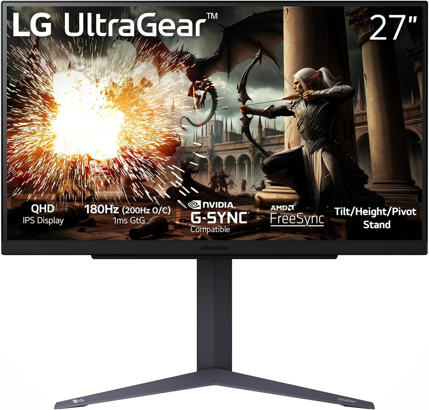 LG 27GS75QX-B 27인치 Ultragear QHD (2560x1440) 게이밍 모니터, 180Hz (O/C 200Hz), 1ms, IPS, NVIDIA G-SYNC 호환, AMD FreeSync, HDR10,