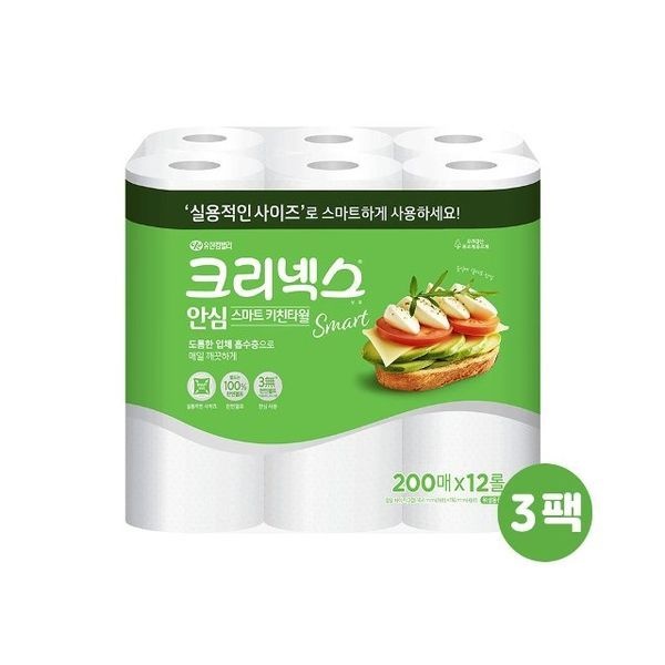 크리넥스 [하프클럽]크리넥스 안심 스마트 키친타올 200매 x 12롤 x 3팩