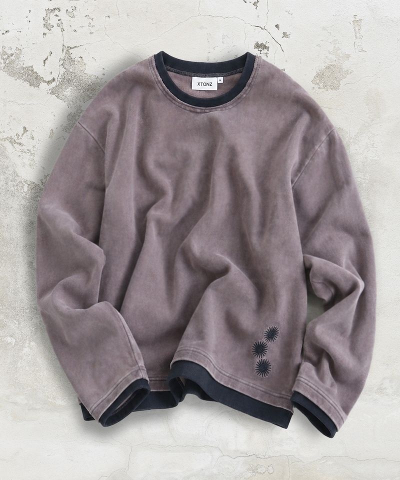 XTONZ [10월 2일 배송] XTONZ XTT168 더스트 워싱 레이어드 크롭 롱슬리브 (PURPLE/BROWN)