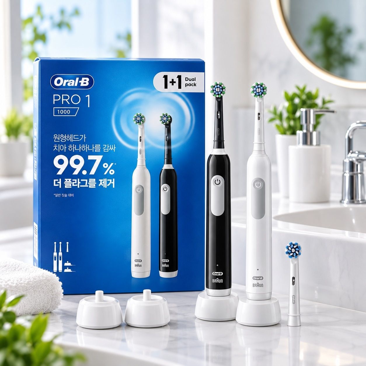 오랄비 전동칫솔 Pro 1 Dual Pack (핸들2+칫솔모3+충전기2)