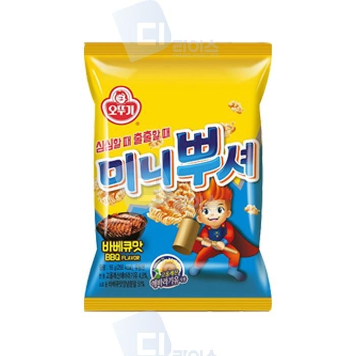 생산자:오뚜기라면주식회사 / 소재지:경기도 평택시 / 오뚜기 미니뿌셔 바베큐맛 25봉(5봉x5입) 추억의 과자 라면땅 어린이과자 라면 스낵 부셔먹는 간식
