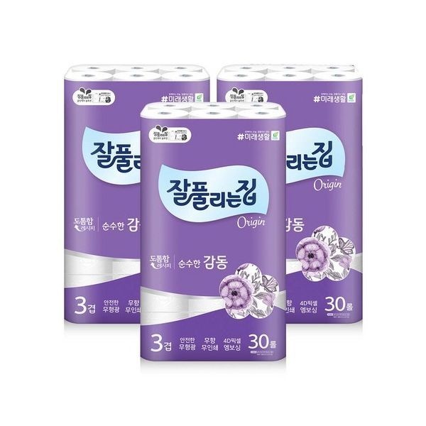 미래생활 잘풀리는집 순수한감동 3겹 무형광 화장지 25m, 30롤, 3팩