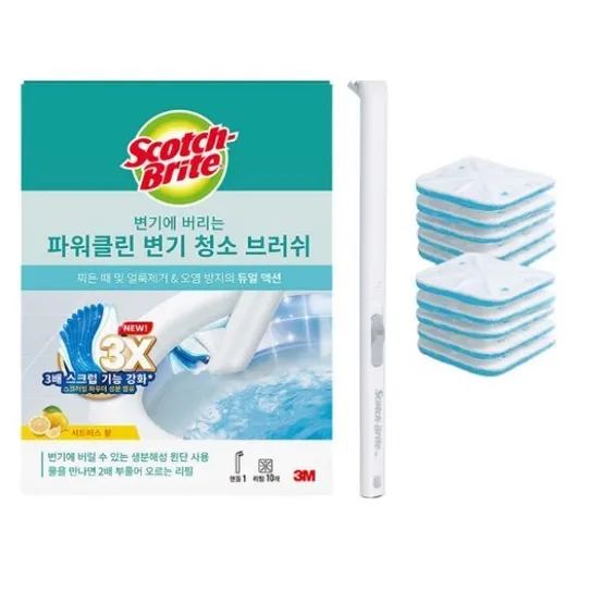 3M 스카치브라이트 변기에 버리는 파워클린 크린스틱 변기 청소 브러쉬 핸들+리필 10입