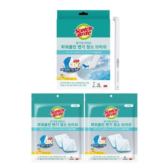 3M 스카치브라이트 변기에 버리는 파워클린 크린스틱 변기 청소 브러쉬 핸들+리필 40개