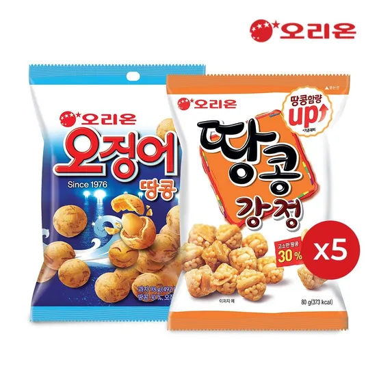 오리온 땅콩강정 80g 5개 + 오징어땅콩 98g 5개