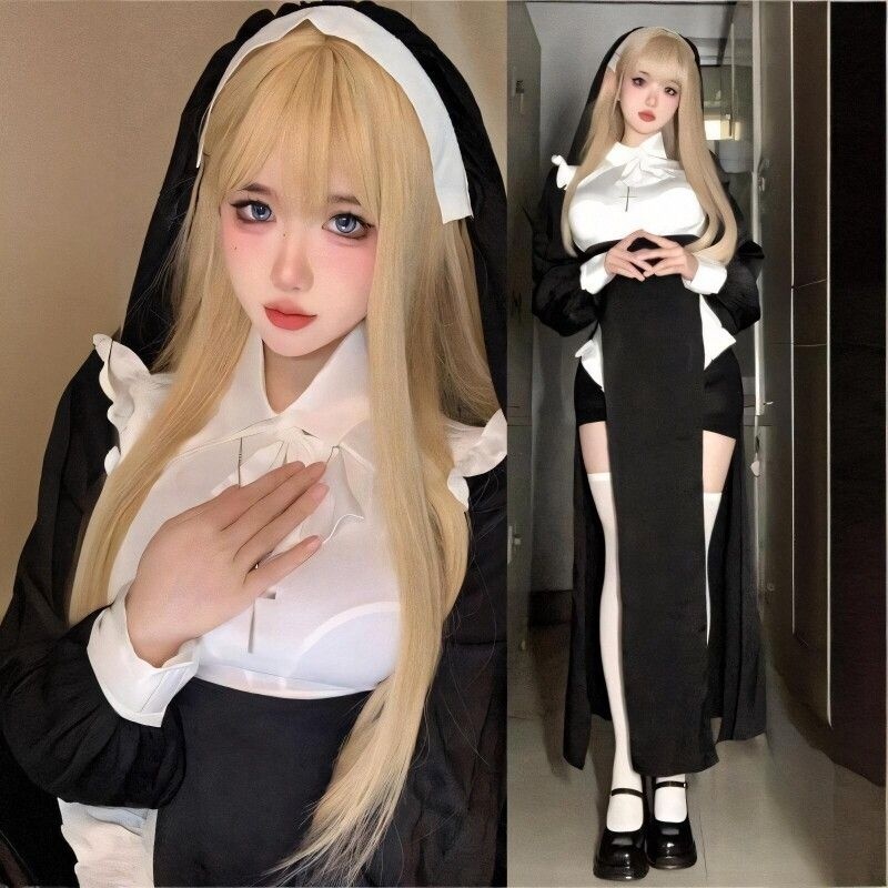 원더샵마켓 협력사 [해외] 수녀 코스프레 할로윈 컨저링 귀신 코스튬 의상 고딕 슬림핏 드레스