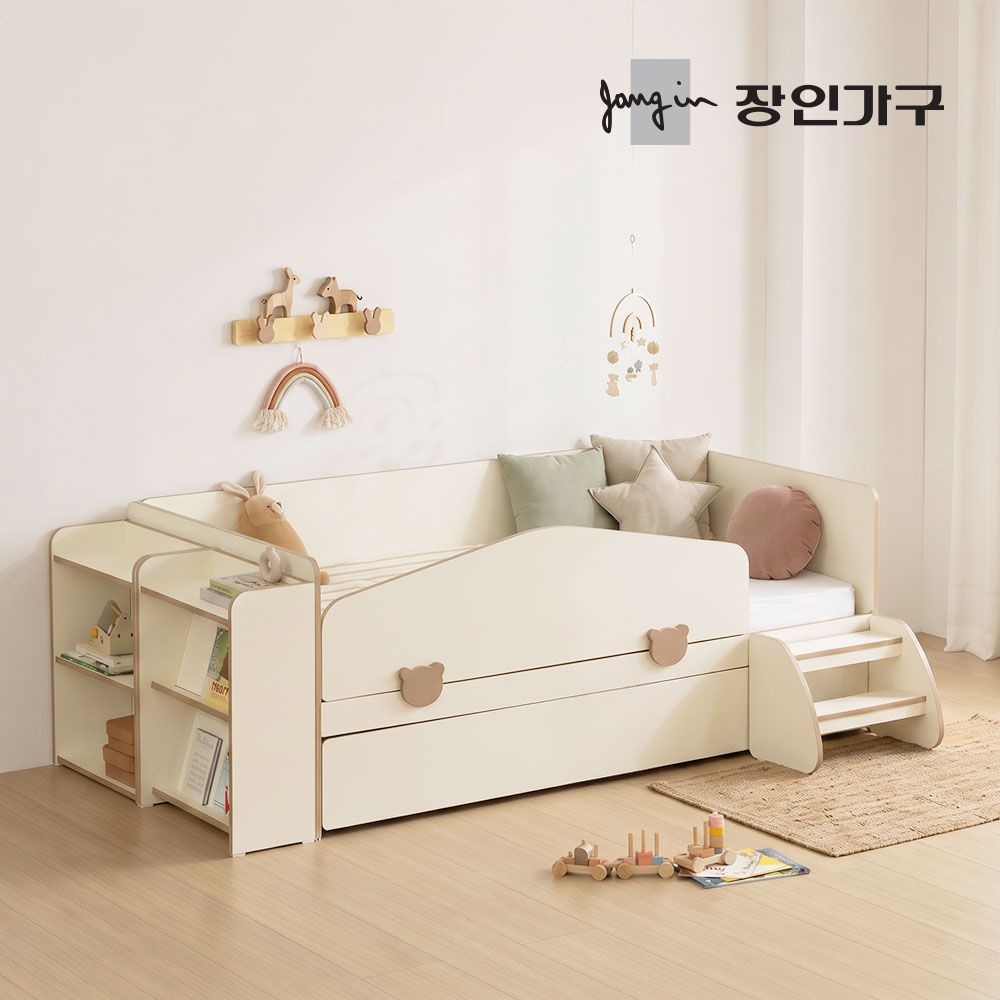 장인가구 로빈 데이베드 슬라이드 2단침대 프레임SS+가드+선반2+스텝스툴+낮은본넬+본넬