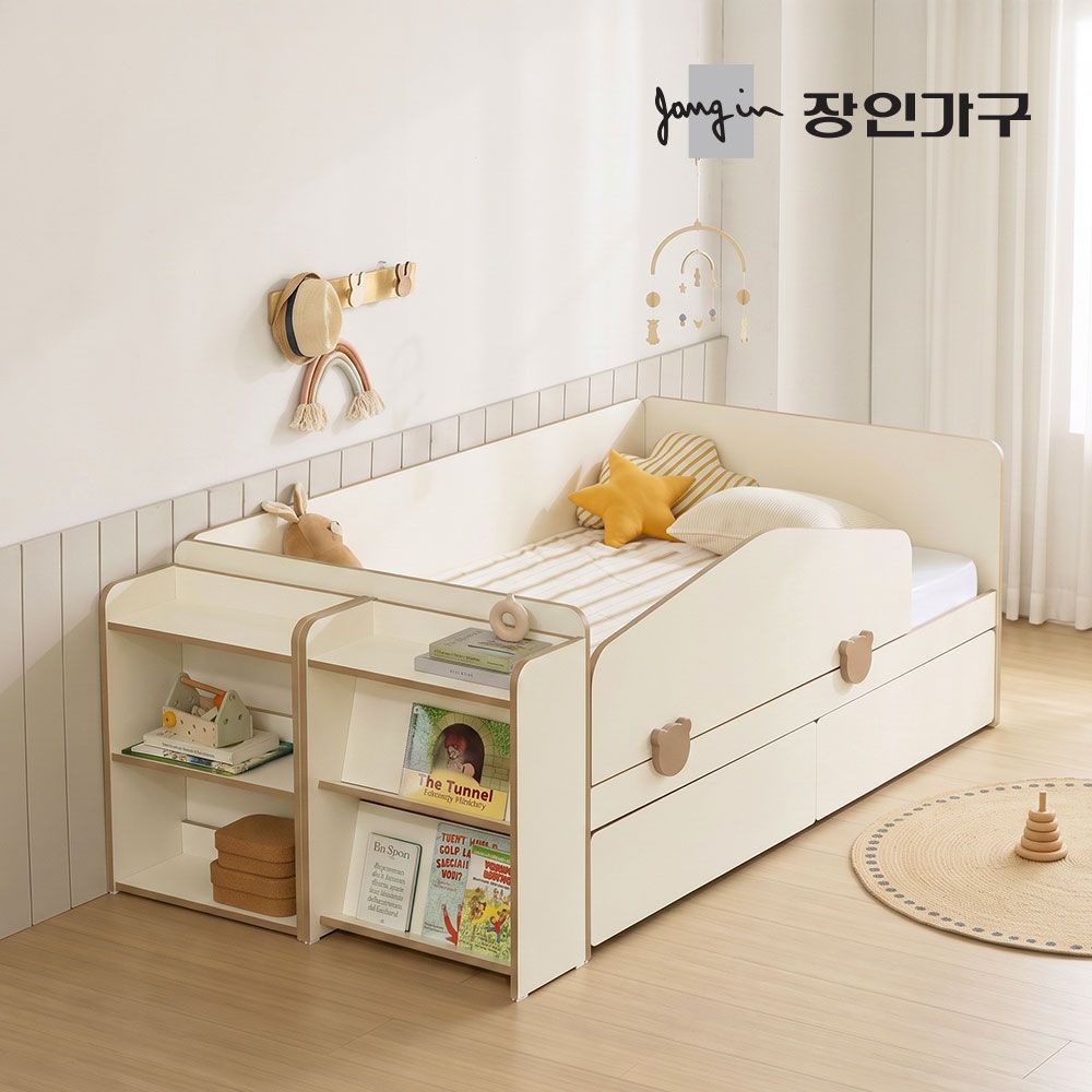 장인가구 로빈 어린이 데이베드 서랍형 수납침대 프레임SS+가드+책장2+낮은본넬