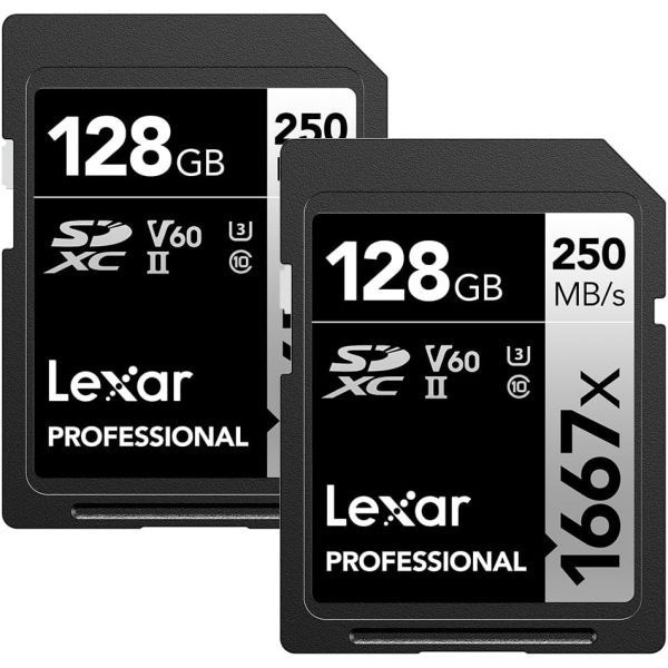 Lexar [해외] Lexar 렉사 128GB 2개입 전문가용 1667x SD 카드 UHS II C10 U3 V60 Full HD 4K 최대 250MB s 읽기 속도 SDXC 메모리 전문 사진작가