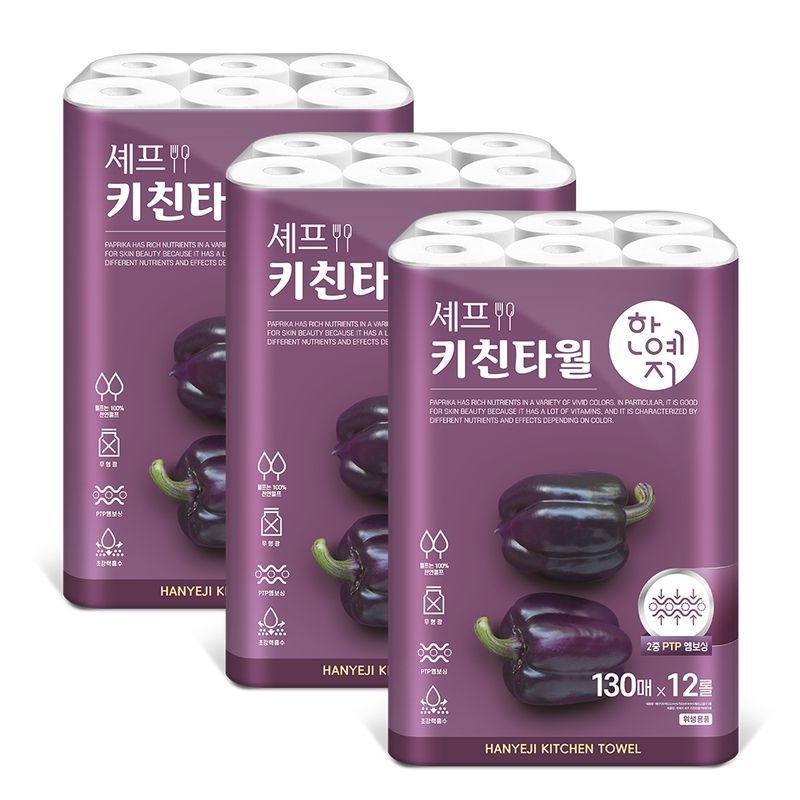 한예지 [etv]천연펄프 셰프 키친타올 130매 12롤 3팩[36204793]
